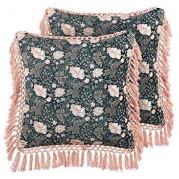 Conjunto de 2 Cojines Decorativos Azul Rosa Algodón 45 x 45 cm Vellón Motivo Floral con Flecos Moderno Glamour