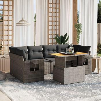 Set de sofás de jardín 7 piezas con almohadas grises en Polyrattan