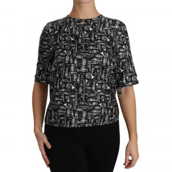 Dolce & Gabbana Black Musical Instruments Print Silk Blouse - Size IT38|XS (2XS)