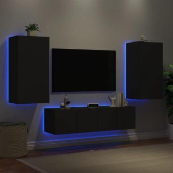 Mueble de TV de pared con LED 4 piezas en madera ingeniería negra