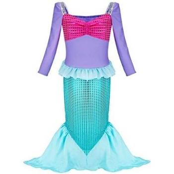 YiZYiF Vestido de Sirena Niñas Vestido Largo Manga Larga Brillante Vestido de Fiesta Disfraz de Sirena para 3-12 Años Púrpura&Verde L