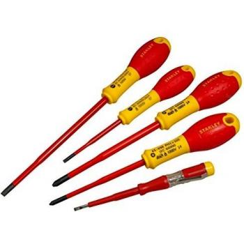 Stanley FatMax Juego 5 Destornilladores FatMax VDE con Punta Reducida. Electricista 3.5100mm, 5.5x125mm Pz1x100mm, Borneo Pz2x125mm, Test de Voltaje XTHT0-62694