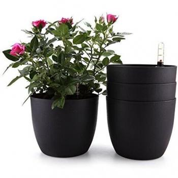 T4U Auto Riego Plantador Negro 18CM Ronda Paquete de 4, Planta Maceta Cajas para Interiores Al Aire Libre Jardines de Windowsill Idea Regalo para Cumpleaños y Boda y Navidad