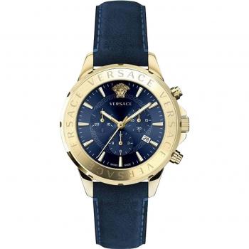 Versace Signature Chronograph Leather Blue Watch, Yellow male, Size: ONE SIZE