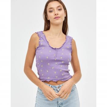 Camiseta crop morada de estampado con ribetes, tirantes y cuello redondo con botones INSIDE