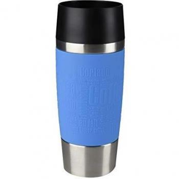 Emsa Travel Mug - Taza térmica de 0.36 l, mantiene calor 4 h y frío 8 h, acero inoxidable con base antideslizante y zona de agarre de silicona con letras grabadas, color azul cielo
