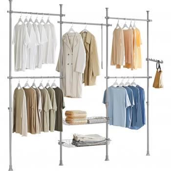 Estantería de almacenamiento telescópica de riel colgante SoBuy KLS04-HG Gris, perchero de ropa telescópico altura ajustable con 5 barras y 2 cestas, dimensiones 209-311 x
