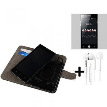 TOP SET: Funda para el ID2ME ID1 + auriculares, Walletcase hecho de cuero sintético en negro, monocromático y simple. Bolsillo para el teléfono móvil con ranuras para tarjetas de crédito y la función del soporte. BookStyle bisagras de la manga para 