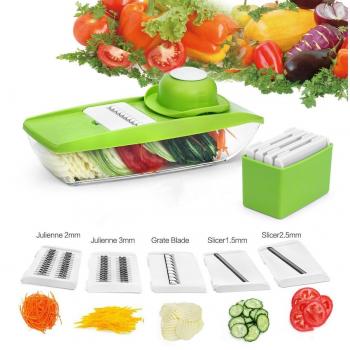 cortador en espiral Baban mandolina cortador de verduras, cortador de frutas y queso, 5 hojas intercambiables + contenedor de alimentos + Seguridad Alimentación titular + tabla de bordes + Caja de almacenamiento de la lámina, mejor para zanahoria, pepin