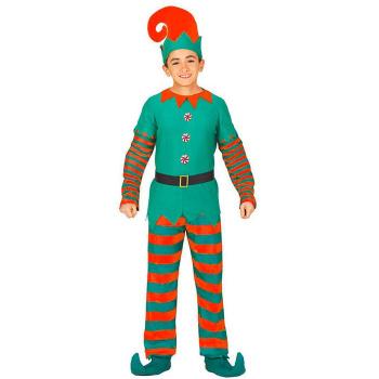 Disfraz de Elfo Verde y Naranja para niño con gorro puntiagudo, pantalones y camiseta a rayas, detalles en dorado y zapatos incluidos