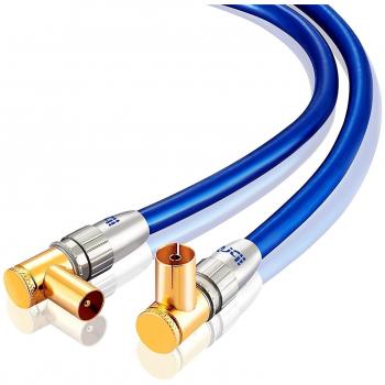 1m Cable de Antena HDTV Premium | En ángulo 90° | Resistencia: 75 ohmios | Cable coaxial HDTV/Full HD Clavija coaxial Macho en Acoplamiento Coax Carcasa metálica/contactos Dorados | Oro Azul