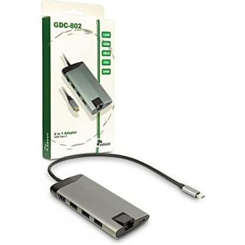 Hub USB-C Inter-Tech Argus GDC-802, Estación de Acoplamiento 8 en 1, USB 3.2 Gen 1, HDMI, 1000 Mbit/s, Gris