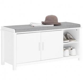 Banco Zapatero Blanco con 2 Puertas y Asiento, Almacenamiento con 2 Estantes Abiertos - 105 x 35 x 51 cm