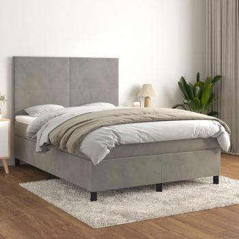 Cama box spring blanda con colchón de terciopelo gris claro 140x190 cm