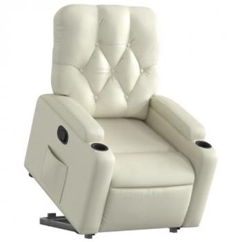 Sillón Reclinable Elevable de Cuero Artificial Color Crema con Respaldo y Reposabrazos, Asiento Ajustable, Sillón de Relax Descanso
