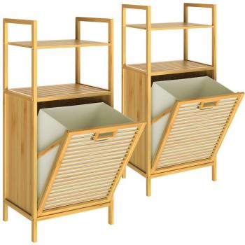 Cesta de lavandería de bambú 43L - Set de 2, Mueble de baño 2en1 de Bambú Estantería con cesta para la ropa sucia integrada 40x30x95cm