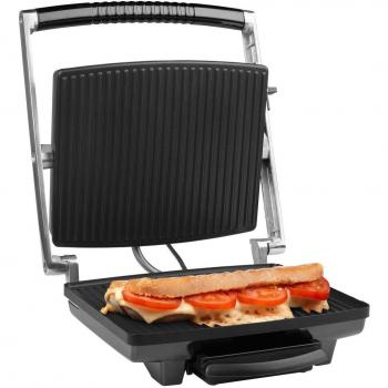 MEDION MD 16832 - Panini Grill, 1800 vatios, revestimiento antiadherente, control de temperatura, protección contra el sobrecalentamiento, color plateado y negro