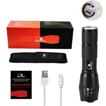 IKERLEX USB Linterna Recargable Directamente LED Linterna Tácticas Militar con 18650 Batería Incorporada 3 Modos Zoomable Perfecta para Ciclismo,Camping, Montañismo