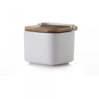 Salero Cuadrado de Cerámica Blanco con Tapa de Bambú 12x12x10.5 cm