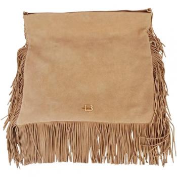 Baldinini Suede Fringed Shoulder Bag with Zip, Beige, Female, Size: ONE SIZE