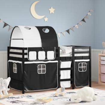 Cama loft infantil con túnel en color blanco y negro, dimensiones 90x190 cm, fabricada en madera de pino