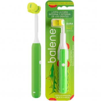 Balene Kids Cepillo Dental Infantil Doble Cara Verde con Filamentos Antibacterianos, Cabezal Flexible y Mango Giratorio - 1 Unidad