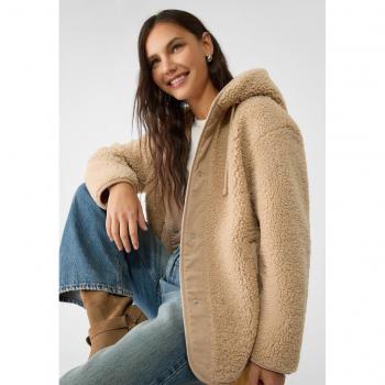 Hooded Faux Shearling Lined Coat in Tan - Size S