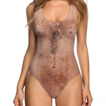 RAISEVERN Funny Hairy Body Chest Printed Harajuku Swimsuits Traje de baño Traje de baño Monokini para Mujeres M