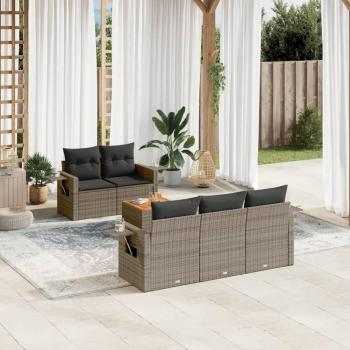 6-Piece Grey Poly Rattan Garden Sofa Set with Cushions