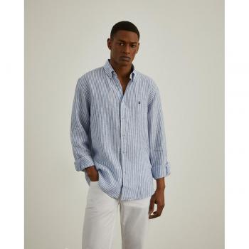 Camisa de hombre en lino con estampado a rayas azules