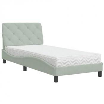 Cama con colchón terciopelo gris claro 90x190 cm, incluye somier armazón curvado de listones, base de cama individual, mueble para dormitorio