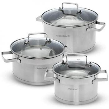 Juego de Cacerolas Classbach KTS 4015, 6 Piezas, Acero Inoxidable, Apto para Inducción y Lavavajillas con Tapas de Vidrio