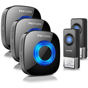 Timbre inalámbrico PHYSEN CW, Timbre de Puerta Frontal inalámbrico Exterior, Impermeable con Alcance de 300 m, 2 transmisores y 3 receptores, 58 melodías, 5 Niveles de Volumen, Pantalla LED, Negro