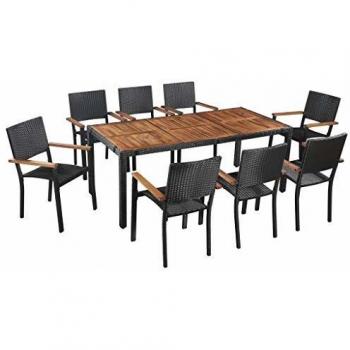 vidaXL 9 Piece Outdoor Dining Set Poly Rattan and Acacia Wood Black