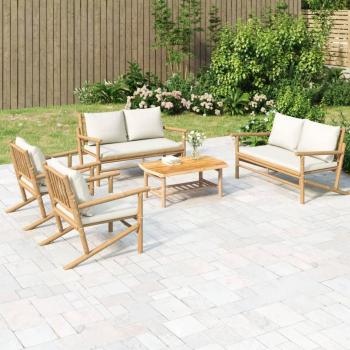 5-Piece Bamboo Garden Lounge Set with Cream White Cushions