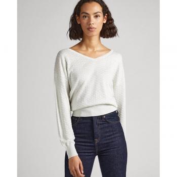 Jersey Dani blanco Pepe Jeans - Elegante jersey de mujer con cuello pico y detalle de cierre abotonado en la parte trasera