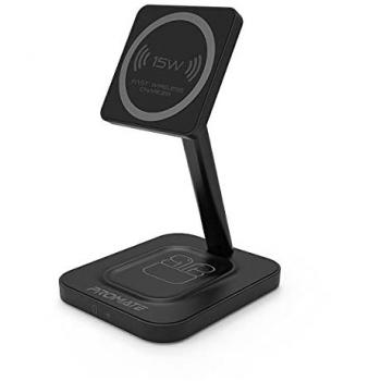 Cargador Inalámbrico Magnético 2 en 1 Promate AuraBase-15W Carga Rápida para iPhone/Samsung/AirPods 15W Negro