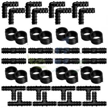 Pack 32 Piezas de Riego por Goteo 16mm: 8 Tees, 8 Codos, 8 Enlaces y 8 Estranguladores - Color Negro