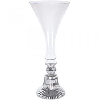 Jarrón Alto de Cristal de 66cm con Pie Talla en Líneas Plateado y Diseño Redondo