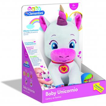 Clementoni - Baby Unicornio - peluche interactivo con luz y sonidos para bebés a partir de 6 meses, juguete en español