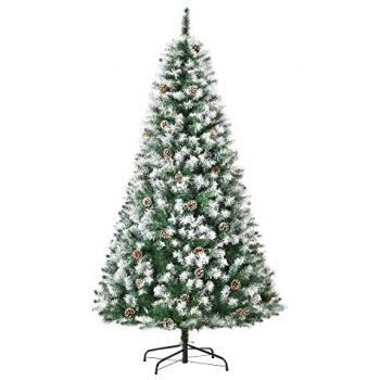 HOMCOM Árbol de Navidad Artificial 180 cm con Nieve Ignífugo, Hojas de PVC, 800 Ramas, 61 Piñas, Apertura Automática, Base Plegable y Soporte Metálico, Decor