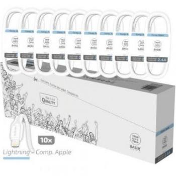 Tech One Tech Basik TEC2952 Pack de 10 Cables USB a Lightning - Macho a Macho - 1 Metro - Color Blanco