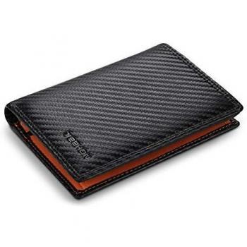 TEEHON Cartera Hombre, Cartera Vertical Cuero de Fibra de Carbono, con RIFD Protección, 13 Ranuras para Tarjetas, con Cremallera, Regalo para Hombre de Navidad, Cumpleaños etc..