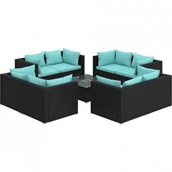 9-Piece Black Poly Rattan Garden Lounge Set with Cushions
