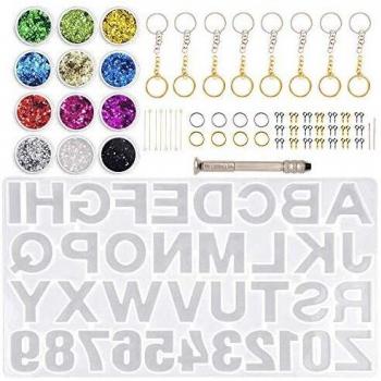 Molde Silicona Resina,Molde de Resina Epoxi con Número de Letras,Molde de Fundición para Bricolaje,Polvo de Purpurina, Herramientas de Epoxi y Accesorios de Metal para llaveros y Manualidades