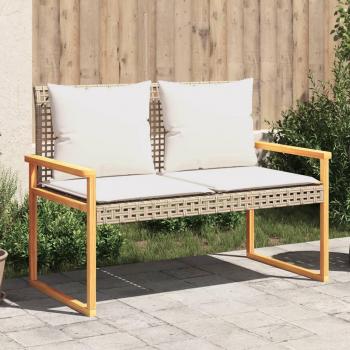 Banco de jardín Polyrattan beige mezclado con cojín y estructura de acacia