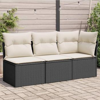 3-Seater Garden Sofa with Cushions in Black Poly Rattan