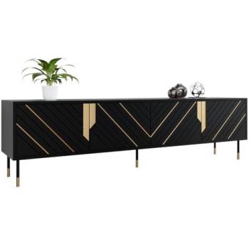 Mueble TV Charlotte P104, 204x55x40cm, dorado y negro, con sistema de apertura push to open