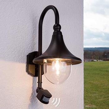 Aplique de exterior Lindby Daphne, negro, con sensor, moderno, hecho de aluminio, 1 llama, casquillo E27