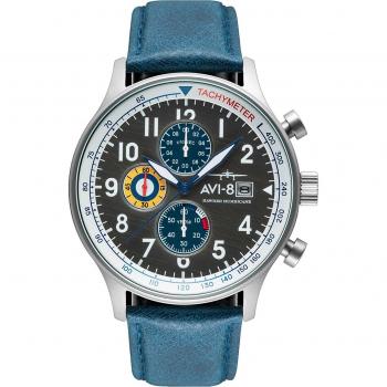 AVI-8 Hawker Hurricane Classic Chronograph Men's Watch with Pennant Blue Leather Strap and Grey Dial, 43mm, 5ATM Water Resistance